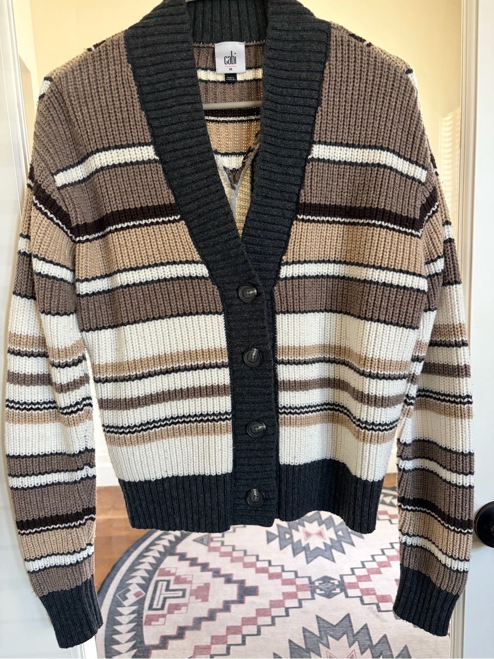 CAbi Striped Shawl-Collar Cardigan in Brown, Cream & Black